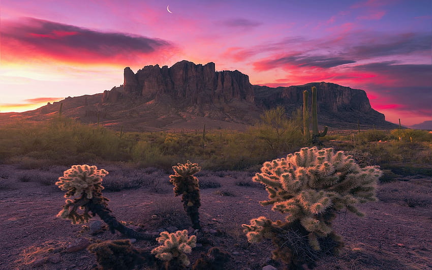Sunrise in Lost Dutchman Provincial Park, Arizona, rocks, mountain, colors, landscape, clouds, sky, usa HD wallpaper