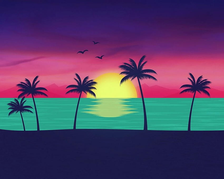 Havalı Retro Görünümlü Neon Sahil Gün Batımı Arkaplanı, Şirin Vintage Sahil HD duvar kağıdı