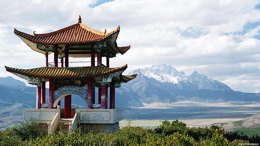 pagoda con vista sulla catena montuosa in Cina, pagoda, nuvole, montagne, valle Sfondo HD