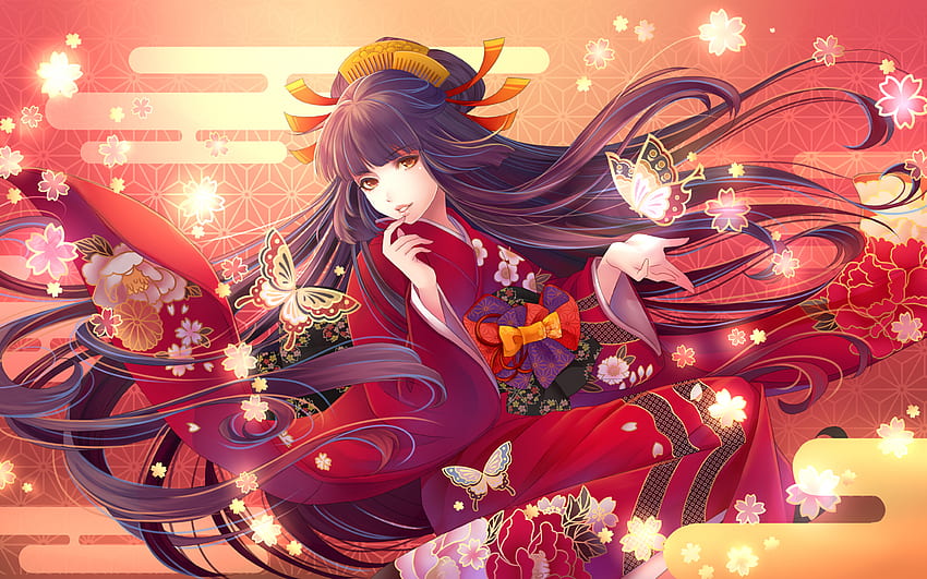 Anime girl, long hair, kimono, moe, cute, gloves, flowers, Anime, HD phone  wallpaper