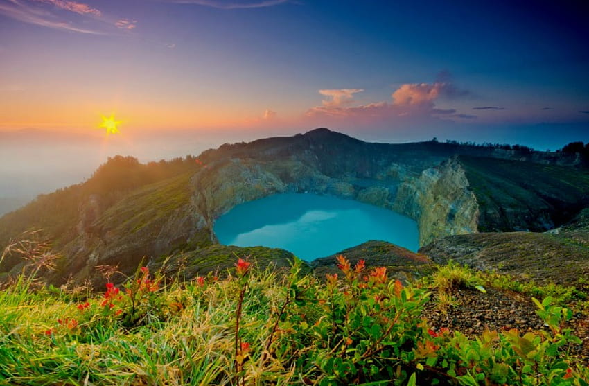 Sunrise over Kelimutu lake, raysm glow, morning, landscape, beautiful, grass, sunrise, volcano, view, nature, flowers, sky, , Indonesia, sun HD wallpaper