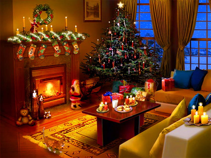The stockings were hung by the chimney with care, winter, home fire, christmas eve, living room, gifts, fireplace, stockings, tree HD wallpaper