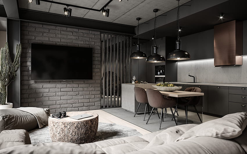 wohnzimmer, stilvolle inneneinrichtung, loft-stil, schwarze küchenmöbel, graue wände im wohnzimmer, betonwände, wohnzimmer loft, esszimmer, esszimmer idee HD-Hintergrundbild