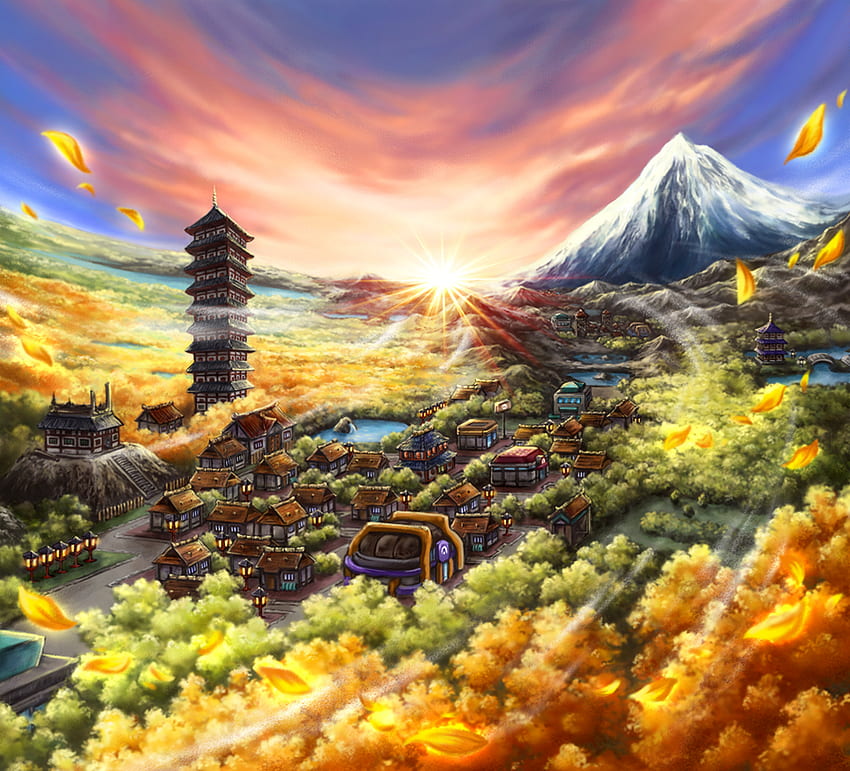 Ecruteak City in Johto, Kunstwerk von Midori Harada für HeartGold und SoulSilver. Pokemon, Pokemon-Fankunst, Stadtkunst, Pokemon Town HD-Hintergrundbild