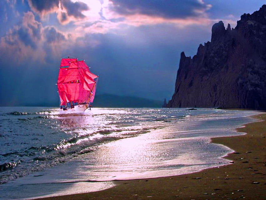 Red sails, boat, ship, sailboat, beach, pink sail, moonlight, clouds, sailing, nature, sky, evening, ocean HD wallpaper