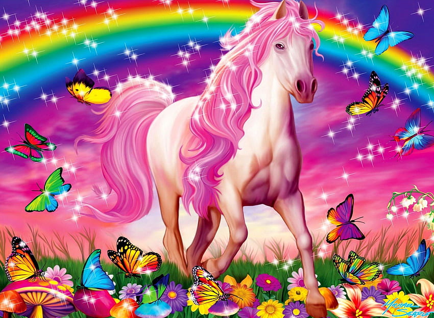 Rêve de cheval, coloré, cheval, gentil, papillons, paradis, beau, herbe, fantaisie, arc-en-ciel, joli, champ, fraîcheur, licorne, ciel, fleurs, charmant, rêve Fond d'écran HD