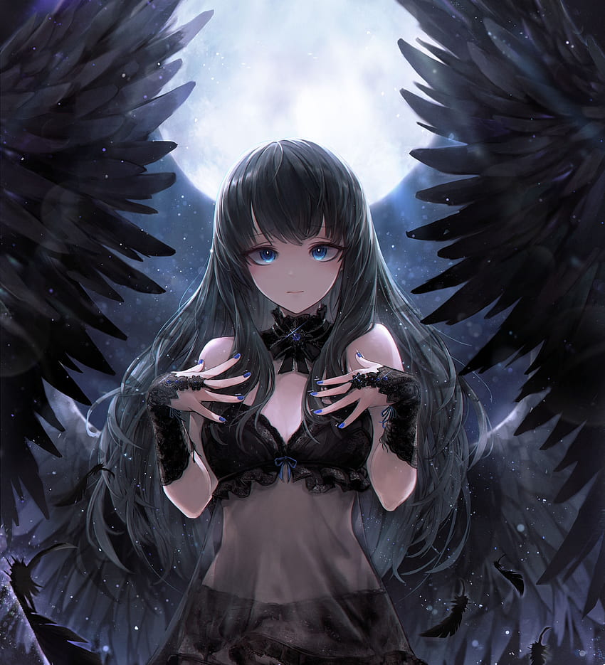 Schwarzer Engel, süß, Anime-Mädchen, Kunst HD-Handy-Hintergrundbild