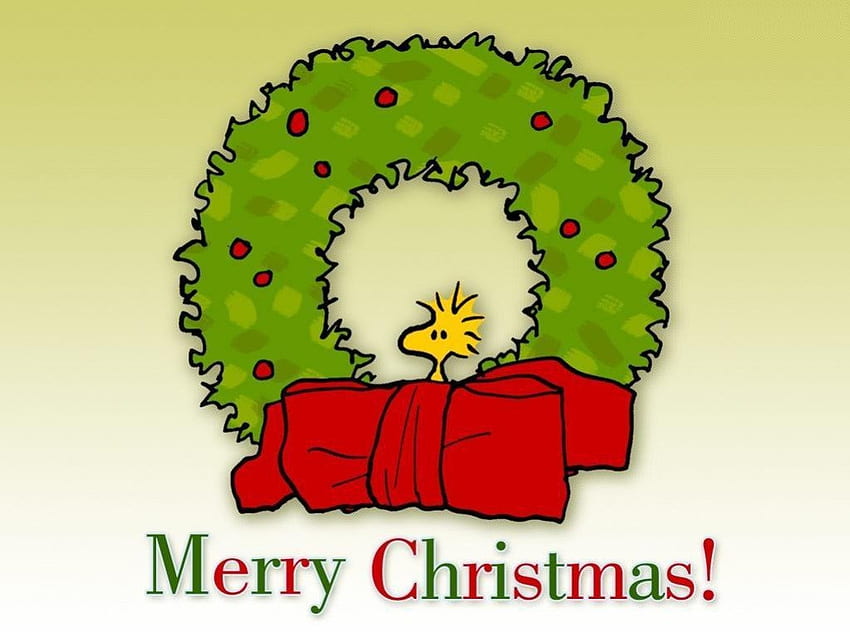Merry Christmas, peanuts, woodstock, christmas, wreath HD wallpaper