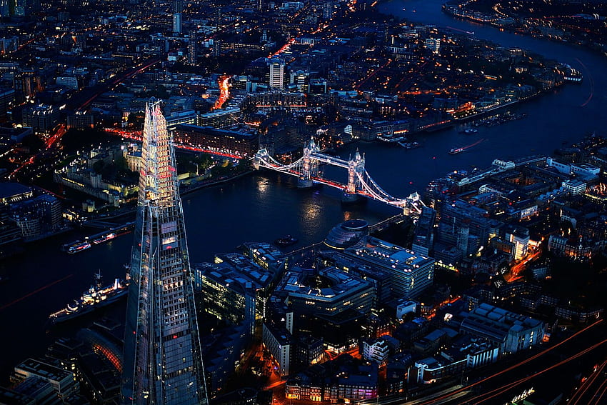 Мостът Шард и Тауър Бридж, Лондон. Нощна антена HD тапет