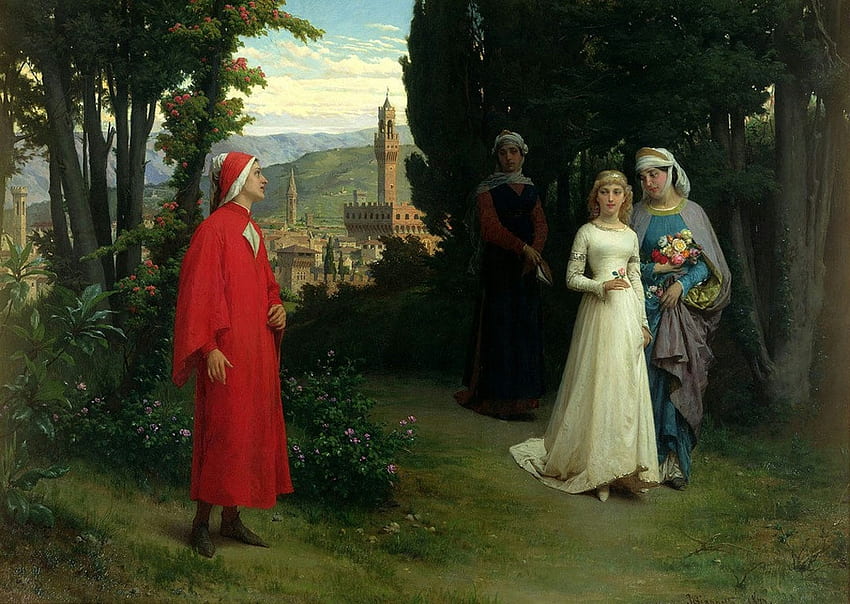 Dante Meeting Berenice In The Garden, people, art, henry holiday, man, dante, garden, girl, red, beatrice, pictura, paintng, couple HD wallpaper