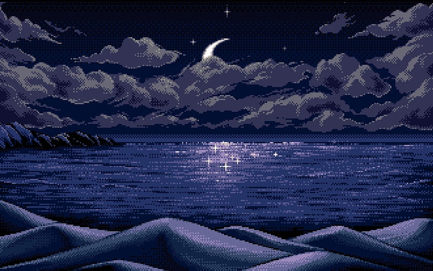 digital Art, Pixel Art, Pixels, Moon, Horizon, Blue, Reflection, Nature, Sea, Clouds, Hills, Mountains, Night, Stars, Landscape / and Mobile Background, Cloud Pixel Art HD wallpaper
