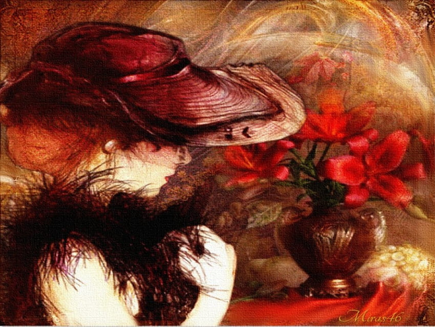 lady with hat, digital art, flowers, woman, red HD wallpaper