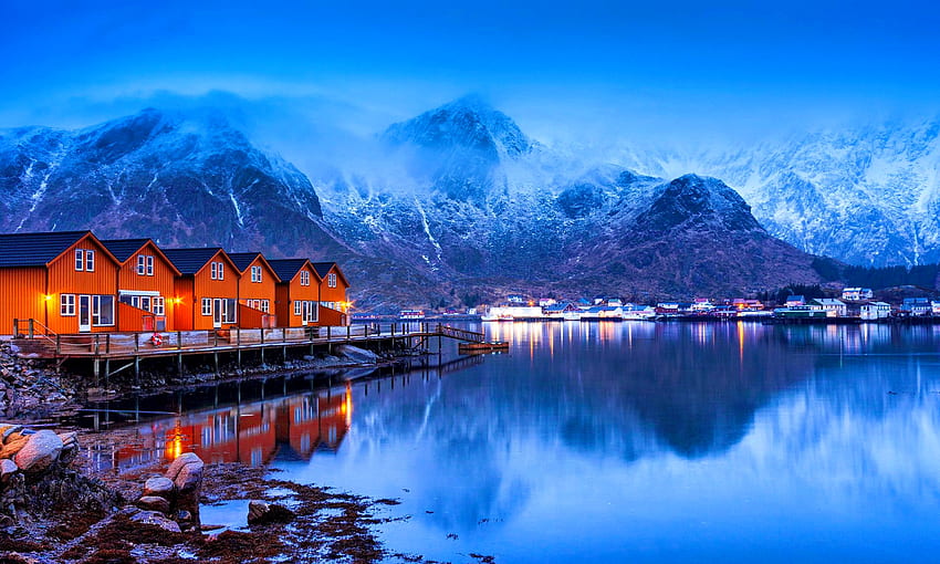 ロフォーテン・ノルウェー、島、海、霜、ノルウェー、寒さ、反射、ロフォーテン諸島、山、湖、霧、北、水、穏やか 高画質の壁紙