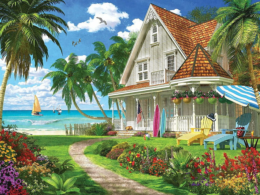Casa de playa, flores, cabaña, palmeras, barco, obras de arte, digital fondo de pantalla