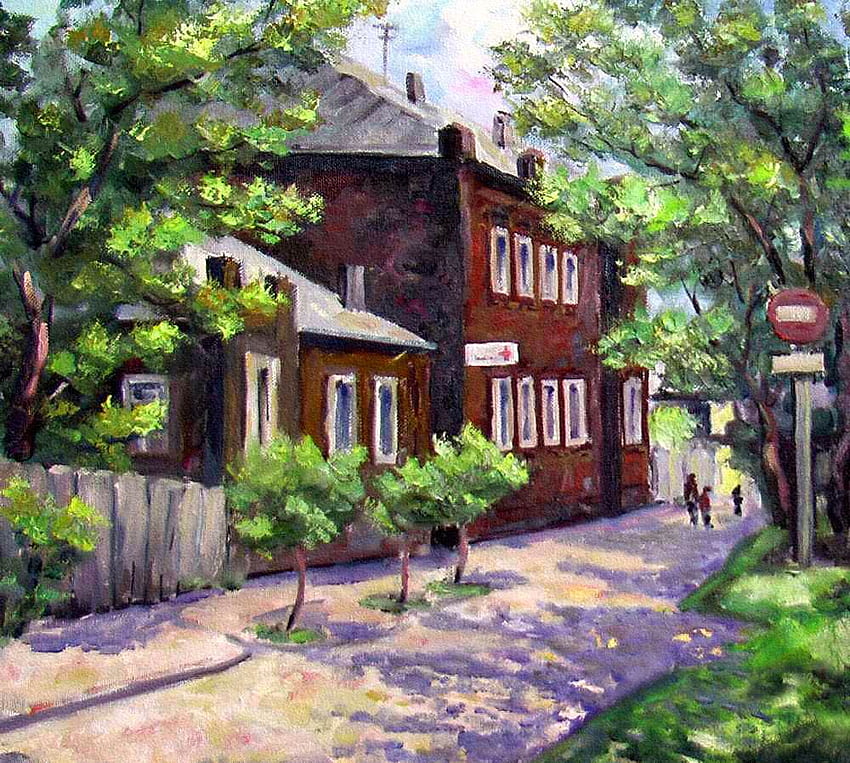 Victor elderly. A quiet street, painting, art, house, street, victor elderly, tree HD wallpaper