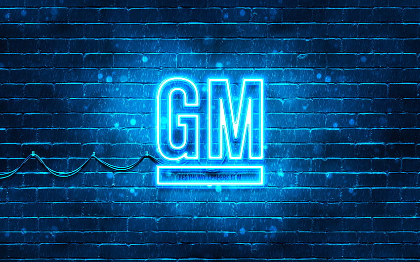 niebieskie logo General Motors, niebieski mur z cegły, logo General Motors, marki samochodów, neonowe logo General Motors, General Motors Tapeta HD