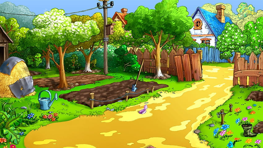 Bauernhof-Cartoon, Cartoon-Dorf HD-Hintergrundbild