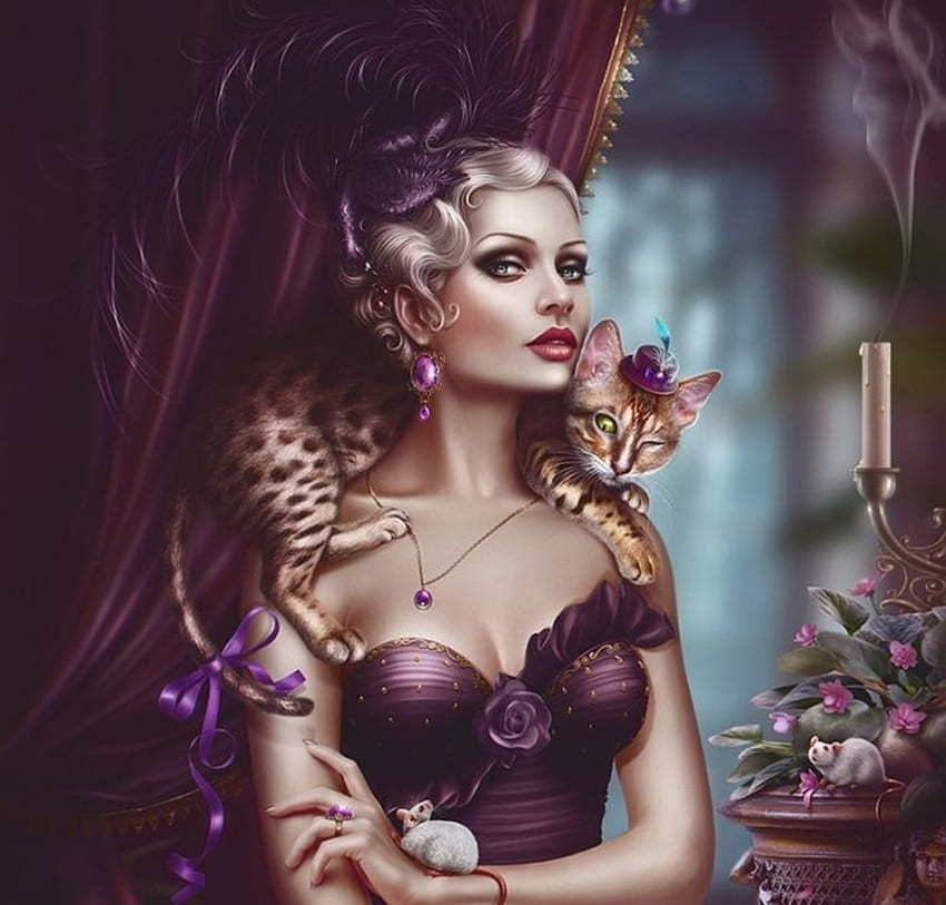 Lady with cat, frumusete, blonde, girl, cat, woman, pisica, purple, lady, fantasy, maksim larionov, luminos HD wallpaper