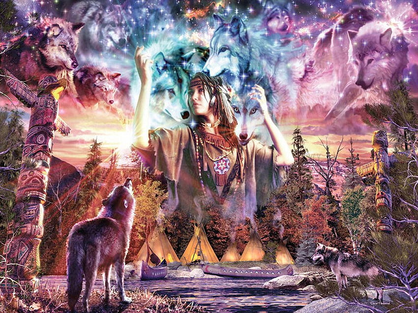 Wolves and Indian Maidens, Female Native American HD wallpaper