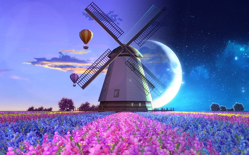 Windmill, landscape, artwork HD wallpaper