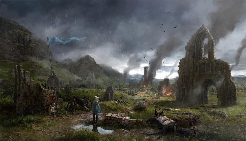 Village, Fantasy , Apocalyptic, Ruins, middle, Ages, Fire Battle, Rain, Digital, Abstract HD wallpaper