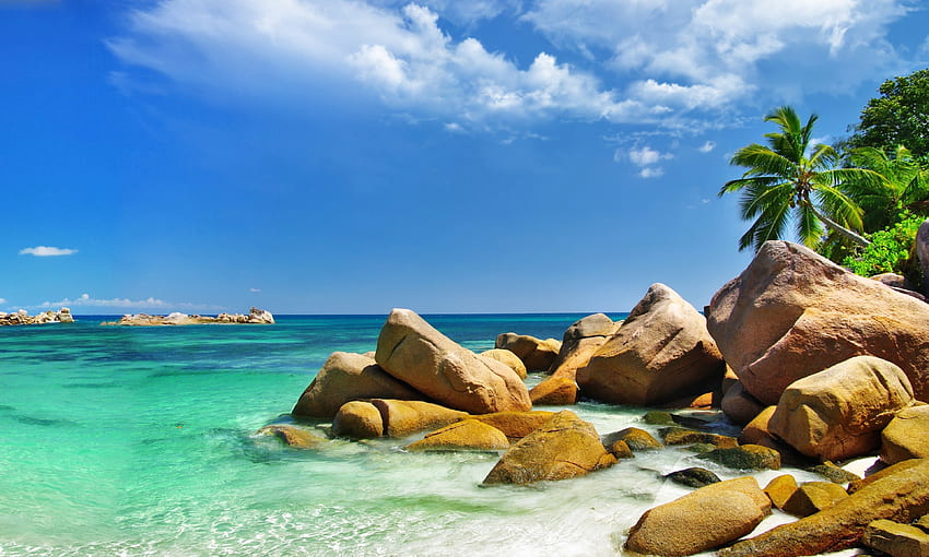 Paradis tropical, mer, tropical, paradis, rochers, océan, plage Fond d'écran HD