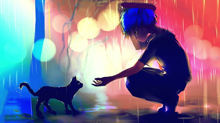 Kedi, Hüzünlü İfade, Profil Görünümü, Yağmur Yağıyor, Anime Oğlan - Çözünürlük:, Sevimli Anime Neko Oğlan HD duvar kağıdı