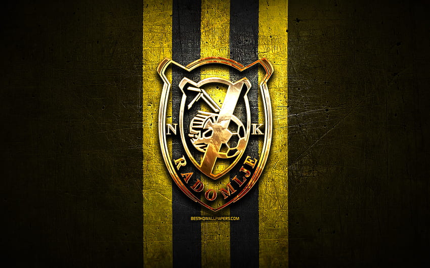 Radomlje FC, golden logo, Prva liga, yellow metal background, football, Slovenian football club, NK Radomlje logo, soccer, Slovenia, NK Radomlje HD wallpaper