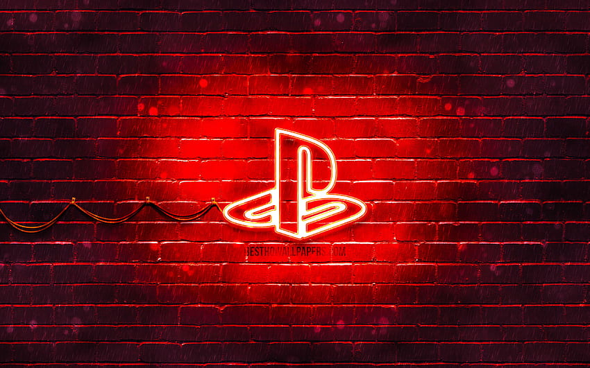 Червено лого на PlayStation, , червена тухлена стена, лого на PlayStation, марки, неоново лого на PlayStation, PlayStation за с резолюция . Високо качество HD тапет