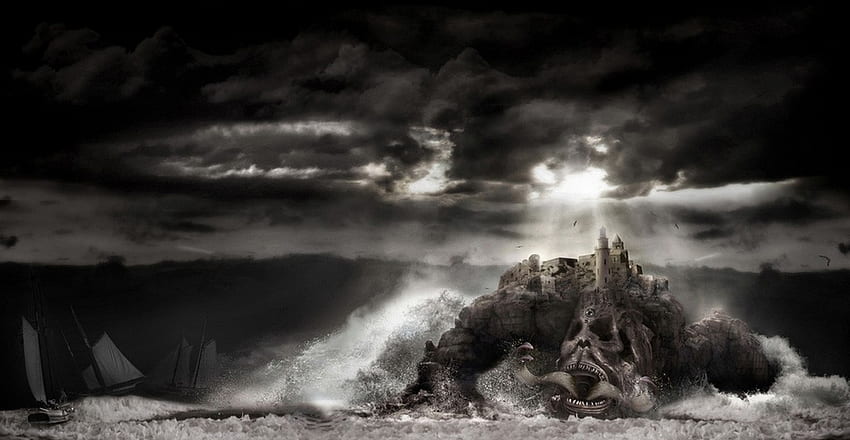 isla monstruo, mar, isla, fantasía, barcos, monstruo, agua, mausti fondo de pantalla
