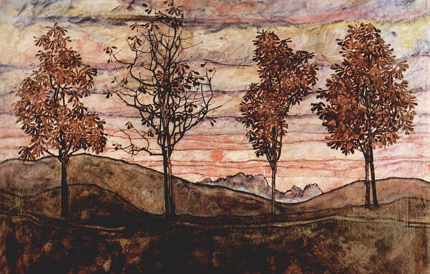 1917年、エゴン・シーレ、4本の木 高画質の壁紙