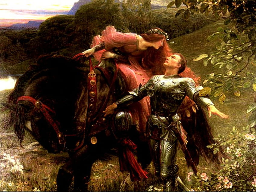 La Belle, кон, изкуство, рицар, жена, , любов, червена глава, планини, гора HD тапет