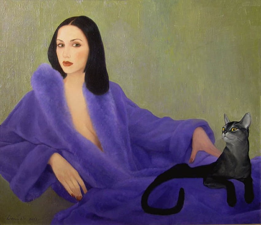 Wanita dan kucing, anak kucing, lukisan, seni, kucing, manusia, wanita Wallpaper HD