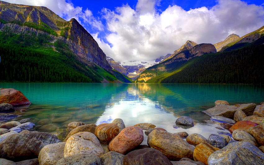 LAKE VIEW, sky, forest, lake, stones, mountain HD wallpaper