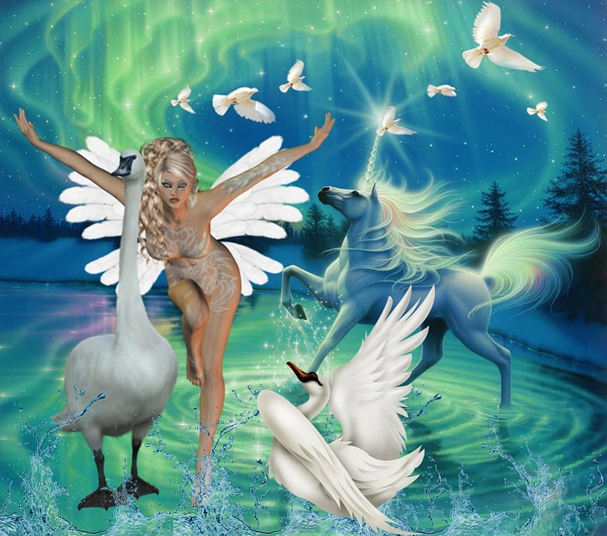 白鳥の妖精、妖精、馬、鳥、白鳥、水、湖 高画質の壁紙