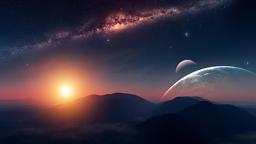 Andromeda, planets, galaxy, landscape, stars, digital, moon, clouds, space, sky, mountains, sunset HD wallpaper