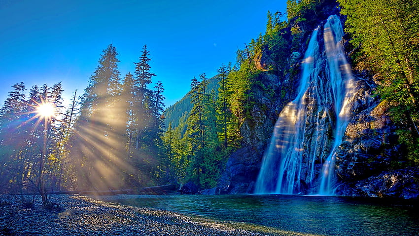 Mountain Waterfall in the Sun, lights, trees, waterfall, nature, sun, forest, mountain HD wallpaper