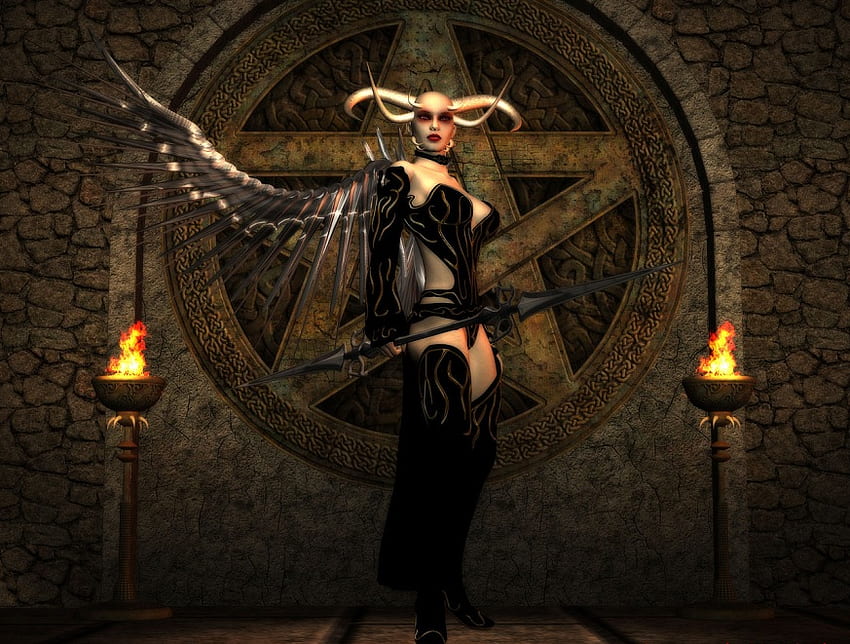 Dark Mistress, wings, horns, fantasy, pentacle, female, witch HD wallpaper