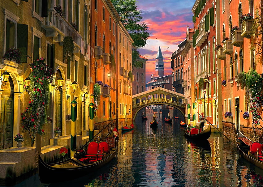 Венеция по здрач, гондола, река, лодка, здрач, хубаво, отражение, Венеция, невероятно, вода, канал, изкуство, красиво, Италия, красива, светлини, мост, природа, небе, романтичен, прекрасен HD тапет