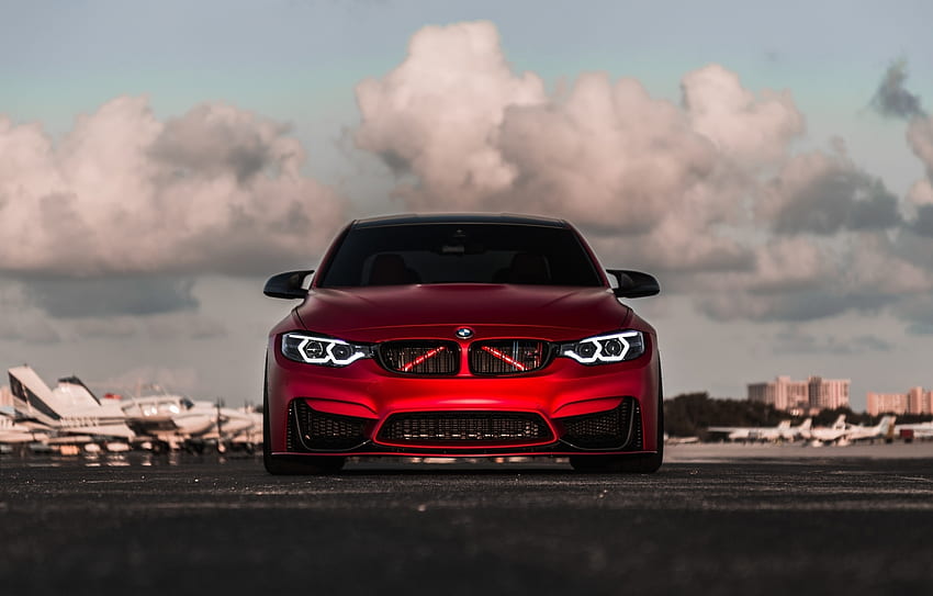 BMW M4, луксозен автомобил, червен, преден HD тапет