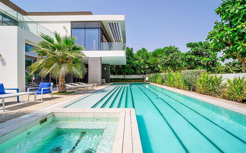 luxury pool, luxury villa, pool near the house, palm trees, summer, pool, Dubai, UAE HD wallpaper
