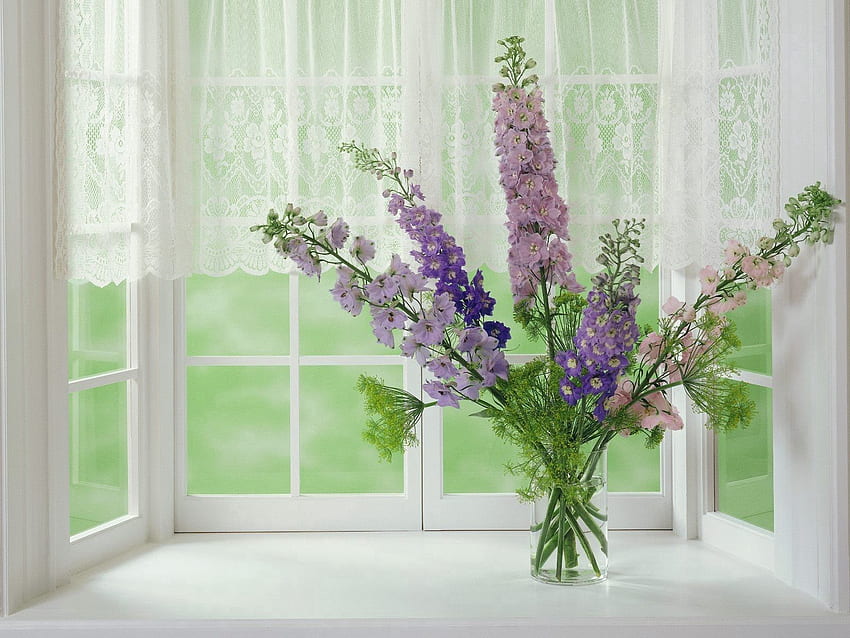 Flowers, Gladiolus, Bouquet, Window, Vase HD wallpaper