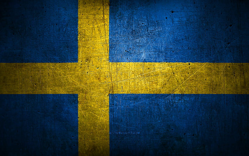Schwedische Metallflagge, Grunge-Kunst, europäische Länder, Tag von Schweden, nationale Symbole, Schwedenflagge, Metallflaggen, Flagge von Schweden, Europa, schwedische Flagge, Schweden HD-Hintergrundbild