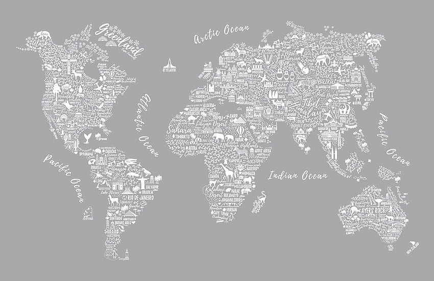 Grey Typography Map Mural, Grey World Map HD wallpaper