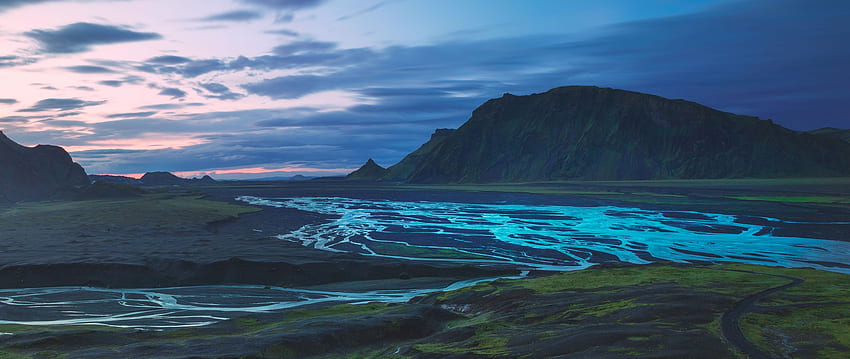gunung, sungai, lembah, lanskap, islandia latar belakang lebar ganda, Islandia Dual Monitor Wallpaper HD