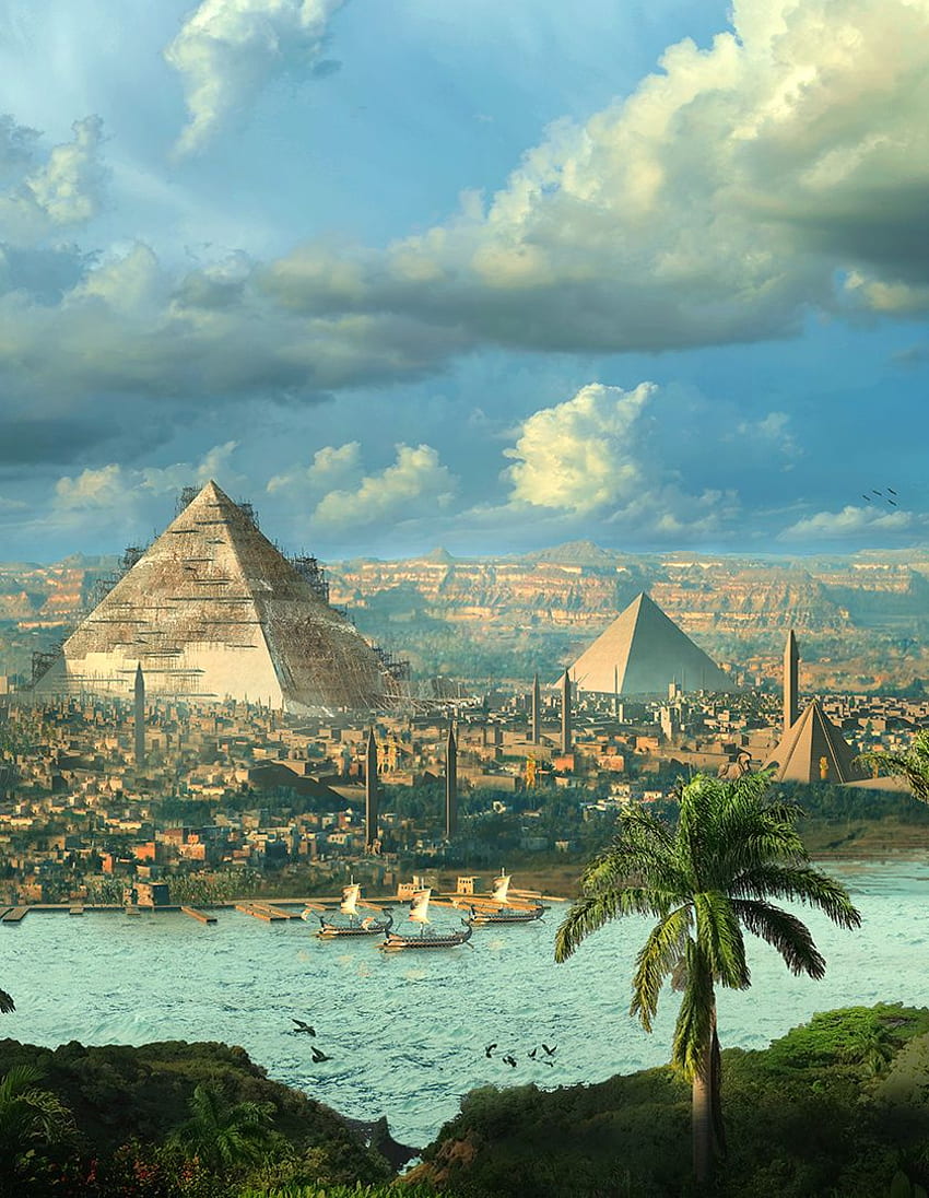 Egipt, pejzaż miejski, piramidy, fantasy, sztuka , , iPhone 4, iPhone 4S, iPod touch, Starożytny Egipt iPhone Tapeta na telefon HD