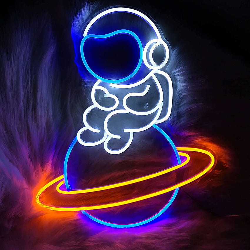 Astronauta siedzący na planecie Neon LED Duży neon 19,7'' Neonowy kinkiet do sypialni, pokoju gier Dekoracyjny duży znak astronauty Światło Space Man Prezent dla dzieci Astronauta 12 V Tapeta na telefon HD