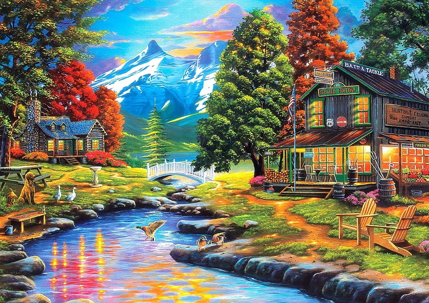 Days to Remember, colorful, attractions in dreams, paradise, paintings, streams, summer, love four seasons, rural, cabins, trees, nature, bridges, mountains, rivers, countryside HD wallpaper