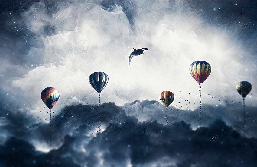Surreal, hot air balloons, clouds, sky, dolphin HD wallpaper