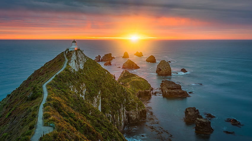 オタゴ、ニュージーランド、南島、夕日、太平洋、色、空、岩、太陽 高画質の壁紙